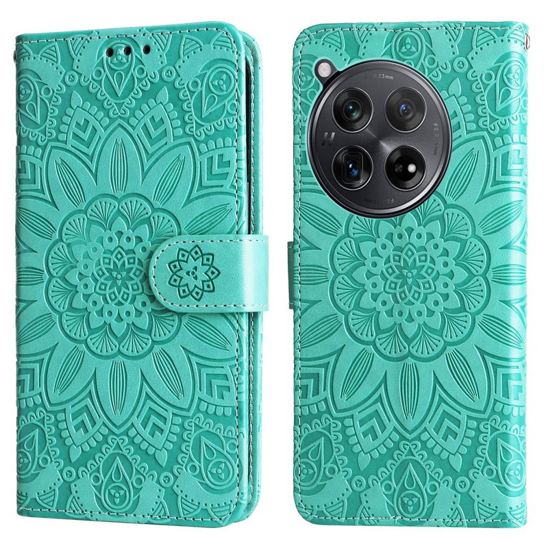 OnePlus 12R 5G Mandala Læder Flip Cover med Magnet Luk og Mobilpung-Grøn