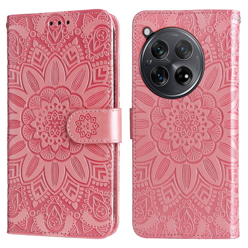OnePlus 12R 5G Mandala Læder Flip Cover med Magnet Luk og Mobilpung-Pink