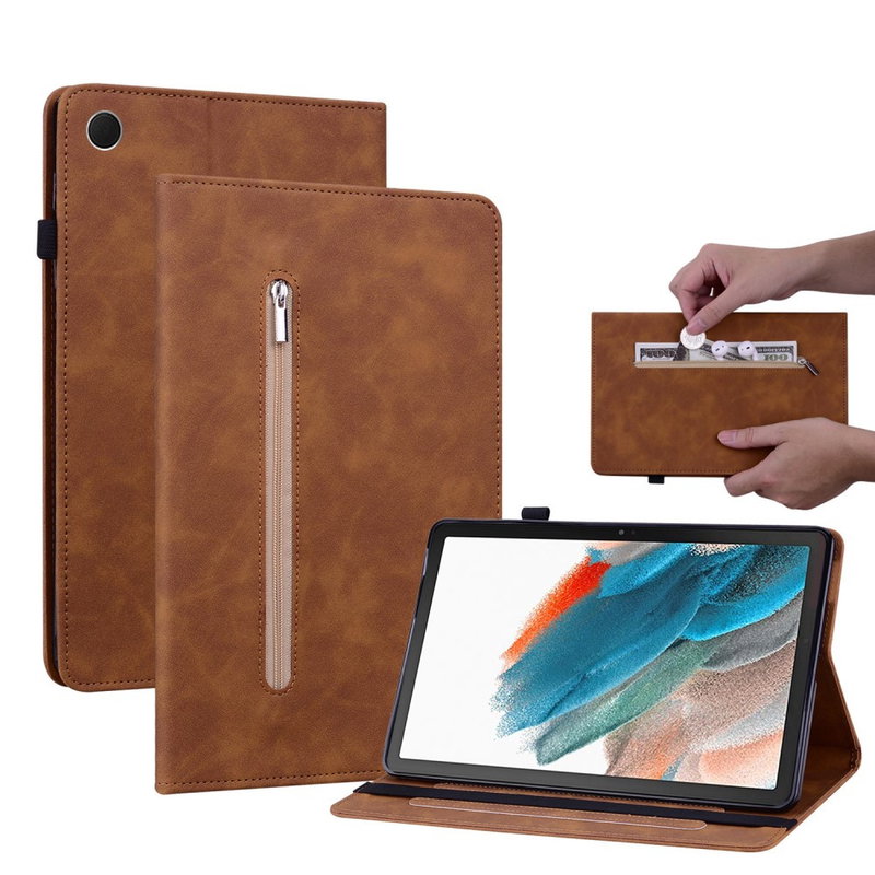 Læder Flip Cover med Lynlås Lomme til Samsung Galaxy Tab A9+-Brun