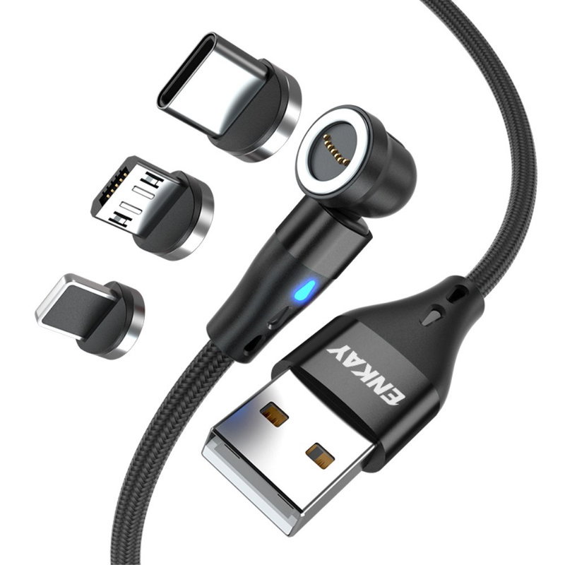 3-i-1 Magnetisk Opladningskabel - USB-A til Micro USB, Type-C og Lightning
