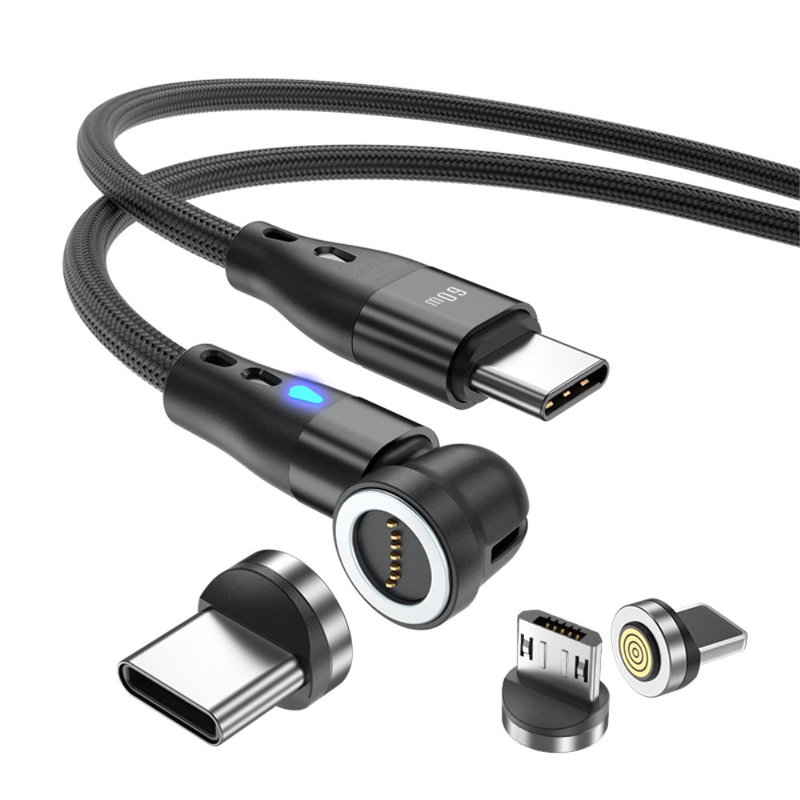 3-i-1 90 Grader Opladningskabel - USB-C til Micro USB, Type-C og Lightning-2 meter