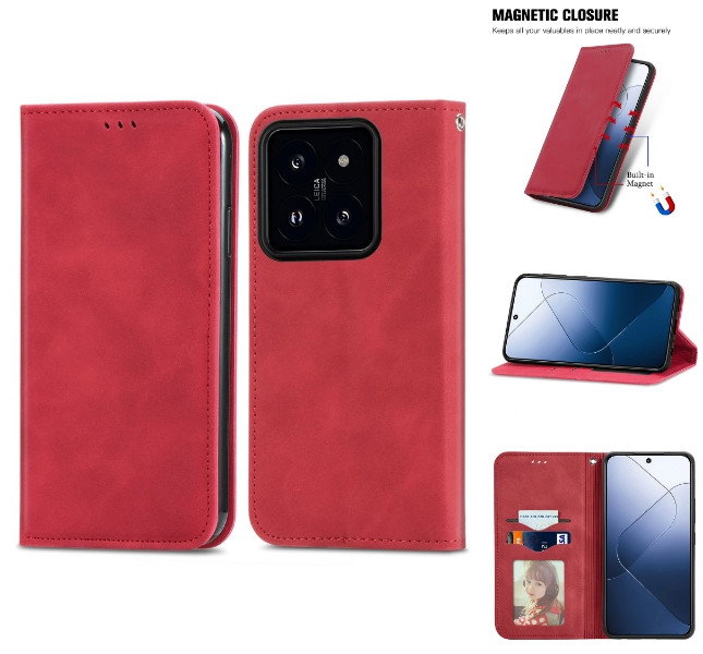 Rødt lædercover til Xiaomi 14T Pro vises forfra