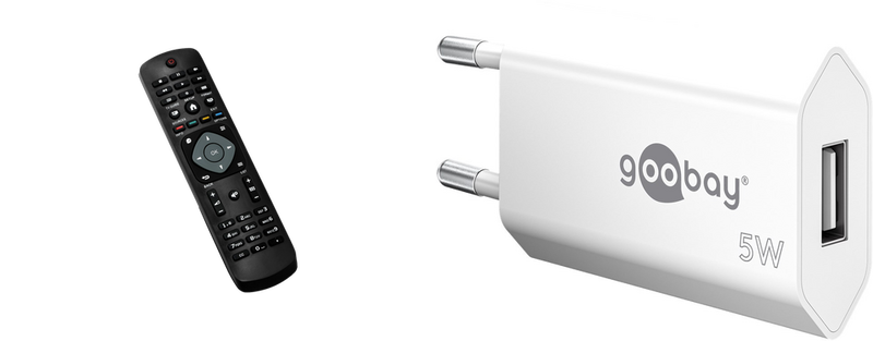 Pakke m. 1stk Universal Fjernbetjening til Philips TV & 1stk USB Oplader til Stikkontakt til fx. iPhone, Samsung & iPad
