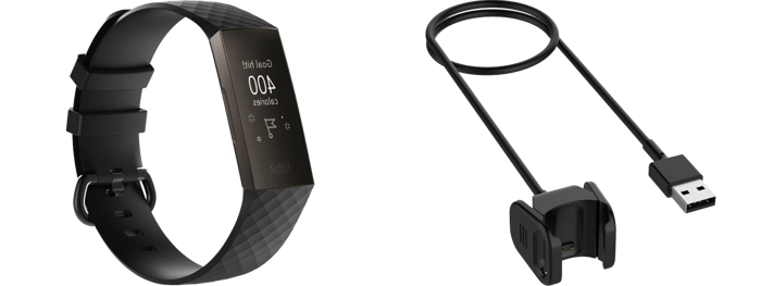 Pakke m. Silicone rem til Fitbit Charge 3 / 4 Sort & Oplader kabel til Fitbit Charge 3 / 4