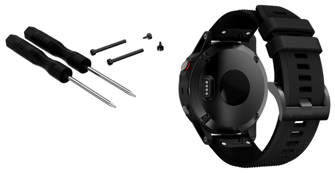 Pakke m. Skruesæt / Stifter m. Skruetrækker til Garmin Fenix 5 / 5 Plus / 6 / 6 Pro & Quatix 5 / 6 & Adley Silikone Rem til Garmin Fenix 5 / 5 Plus / 6 / 6 Pro Sort