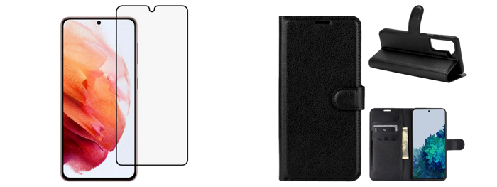 Graviera Flip Cover -Sort & Beskyttelsesglas / Skærmbeskyttelse / 3D Glas til Samsung Galaxy S21