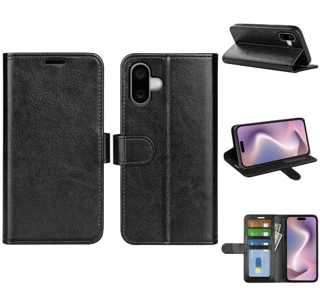 Sort lædercover med kortholder til iPhone 16 Plus