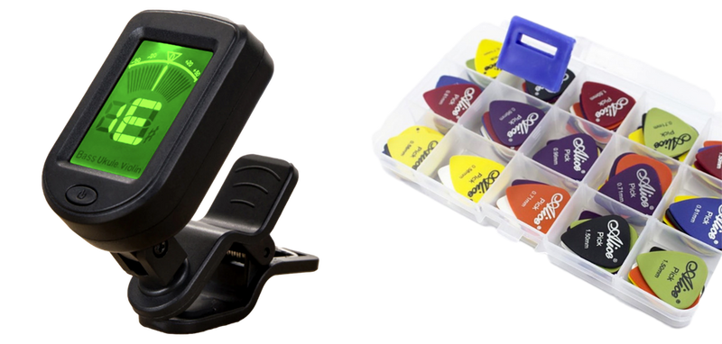 Pakke m. 1stk Digital Guitarstemmer m. Clips & 1stk 24-Pak Guitarplekter