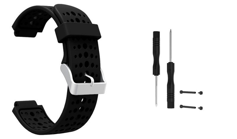 Pakke m. 1stk Silikone Rem til Garmin Forerunner 220/230/235 & 620/630-Sort & 1stk Skruesæt / Stifter m. Skruetrækker til Garmin Forerunner 220 / 230 / 235 / 620 / 630 / 735XT & Approach S20