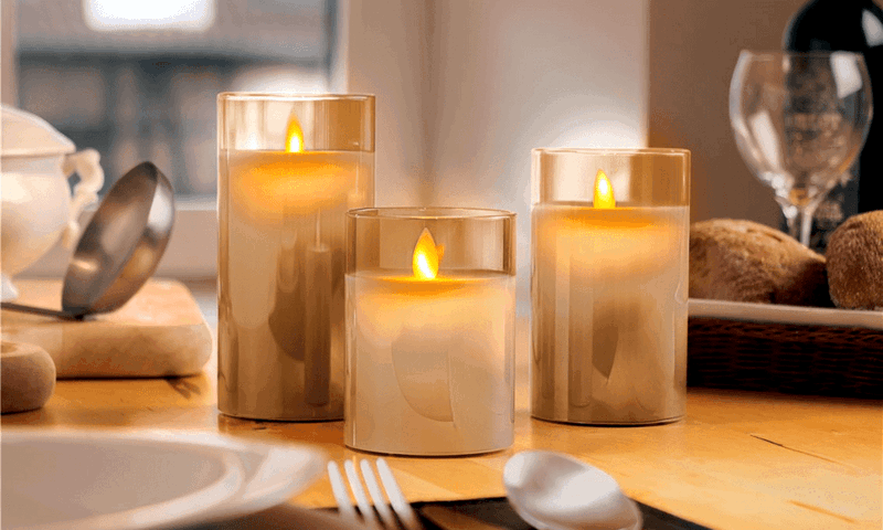 3 stk. Hvide LED Bloklys i Klare Glasstager med Timer