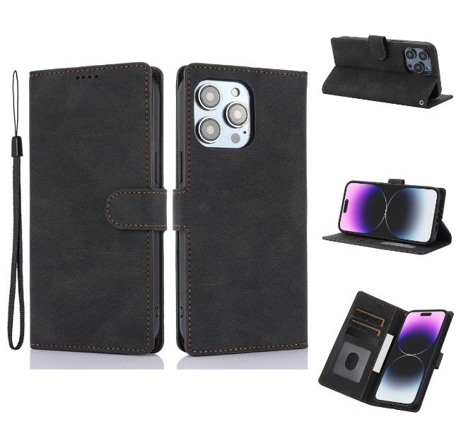 Sort lædercover til iPhone 16 Pro Max set forfra