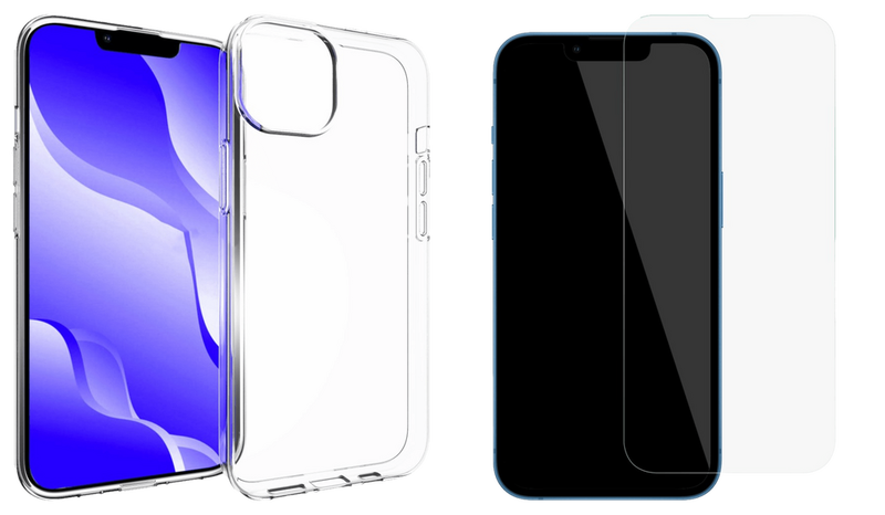 Pakke m. 1stk iPhone 14 Gennemsigtig Silikone Cover & 1x 3 stk. Skærmbeskyttelse / Hærdet Beskyttelsesglas til iPhone 14