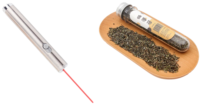Pakke m. 2-i-1 Laser Pointer / Lommelygte & Tørret Catnip 40 ml