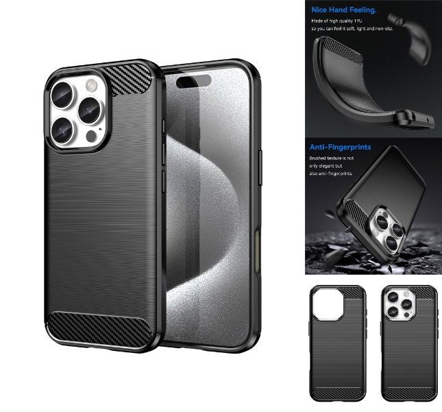 iPhone 16 Pro sort cover med kulfibertekstur forfra
