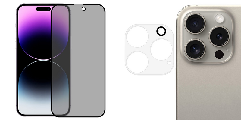 Pakke m. 1stk iPhone 16 Pro Beskyttelsesglas / Skærmbeskyttelse / Privacy Glas  & 1stk iPhone 16 Pro / 16 Pro Max Kamera Skærmbeskyttelse / Beskyttelsesglas