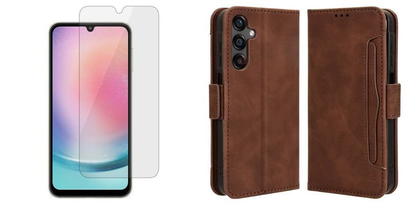 Pakke m. 1stk Skærmbeskyttelse / Hærdet Beskyttelsesglas til Samsung Galaxy A25 5G & 1stk Rustik Læder Flip Cover med Kortholder til Samsung Galaxy A25 5G-Brun