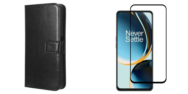 Pakke m. 1stk Graviera Flip Cover til OnePlus Nord CE 3 Lite 5G-Sort & 1stk OnePlus Nord CE 3 Lite 5G Beskyttelsesglas med Kant / Skærmbeskyttelse