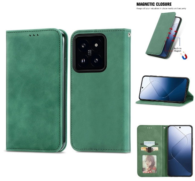 Grønt læder flip cover til Xiaomi 14T Pro
