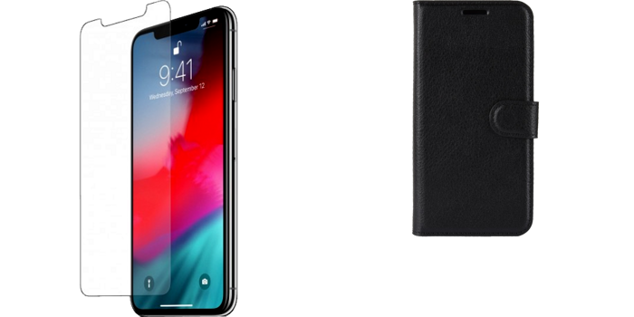 Pakke m. Skærmbeskyttelse / Hærdet Beskyttelsesglas til iPhone XR & Graviera Flip Cover til iPhone XR Sort