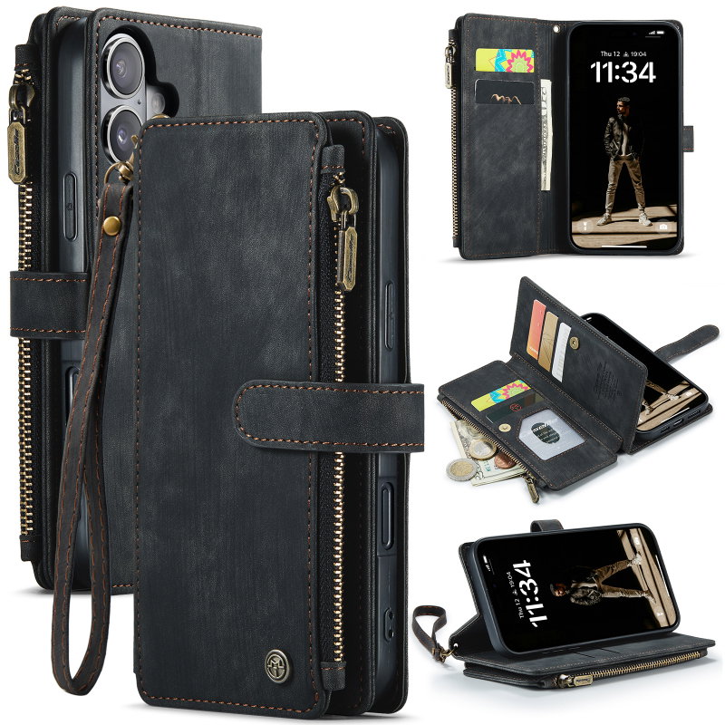 iPhone 17 Flip Cover i Læder med Kortholder og Lynlåns Lomme - Sort