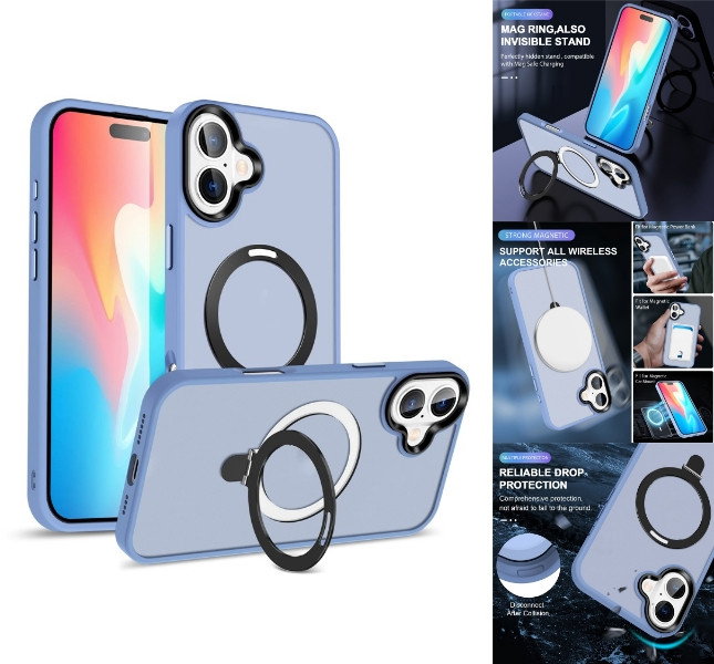 Blåt iPhone 16 cover set forfra