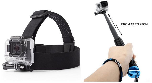 Pakke m. Head Strap Mount til GoPro & Håndholdt pole med teleskopstang til GoPro