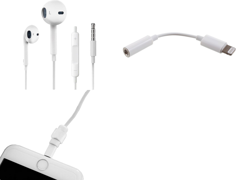 Pakke m. 1stk Headset med Adapter til iPhone med Lightning til AUX Adapter & 1stk Headset med Adapter til iPhone med Lightning til AUX Adapter & 1stk Kabelbeskytter til iPhone, iPad, tablet & smartphone