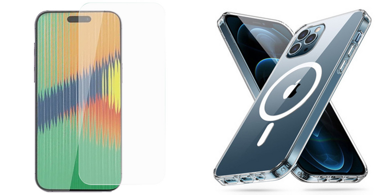 Pakke m. 1stk iPhone 15 Skærmbeskyttelse / Beskyttelsesglas / Hærdet Glas & 1stk iPhone 15 Magsafe Cover - Gennemsigtigt