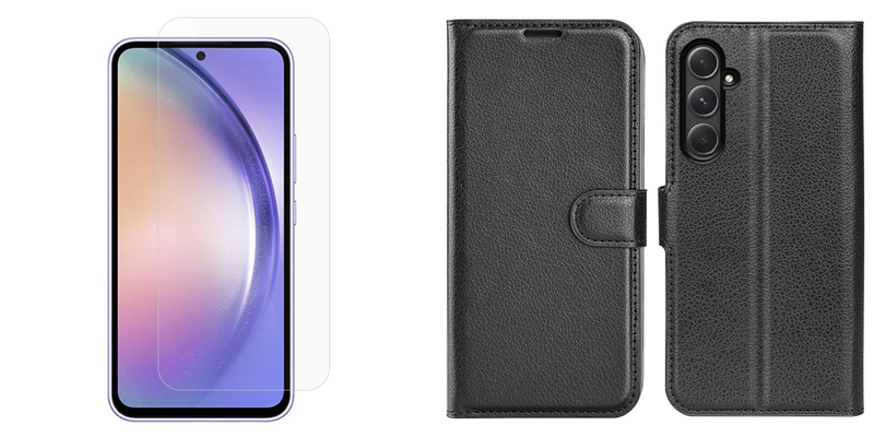 Pakke m. 1stk Samsung Galaxy A55 5G Skærmbeskyttelse / Glas & 1stk Samsung Galaxy A55 5G Graviera Flip Cover