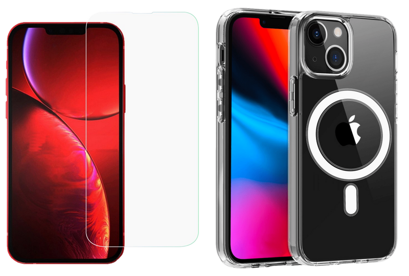 Pakke m. 1stk Skærmbeskyttelse / Beskyttelsesglas / Hærdet Glas til iPhone 13 & 1stk iPhone 13 Gennemsigtigt MagSafe Cover