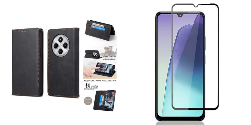 Pakke m. 1stk Xiaomi Redmi 14C Mobilcover med Kortholder og Magnetlukning - Sort & 1stk Xiaomi Redmi 14C Beskyttelsesglas 3D - Ridse- og Stødsikret