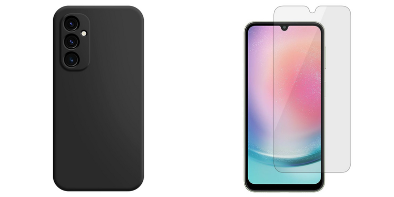Pakke m. 1stk Soft Mat Silikone Cover til Samsung Galaxy A25 5G-Sort & 1stk Skærmbeskyttelse / Hærdet Beskyttelsesglas til Samsung Galaxy A25 5G