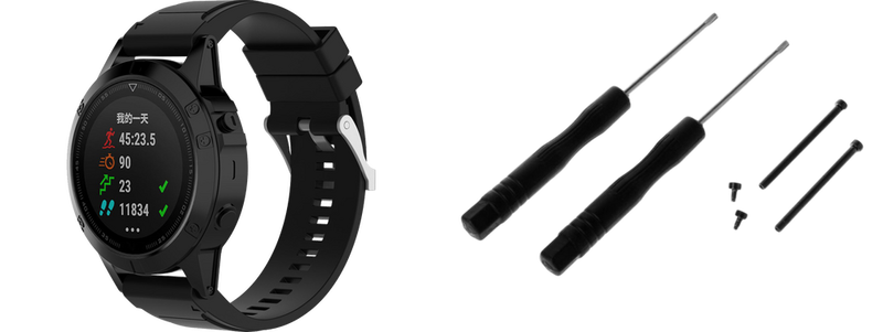 Pakke m. 1stk Silicone rem til Garmin Fenix 3 / 3 HR / 5X / 5X Plus / 6X / 6X Pro - Sort & 1stk Skruesæt / Stifter m. Skruetrækker til Garmin Fenix 3 / 3 HR / 5X / 5X Plus / 6X / 6X Pro