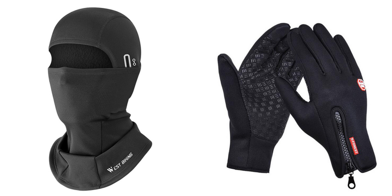 Pakke m. 1stk Vindtæt Elefanthue / Hjelmhue og Halsedisse til Løb og Cykel i Fleece-Sort & 1stk Vinterhandsker til Cykling, Polstrerede Fullfinger Handsker med Touch-Extra Large
