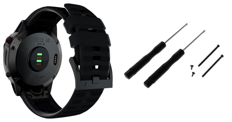 Pakke m. 1stk Sports Silikone Rem til Garmin Fenix 3 / 3 HR / 5X / 5X Plus / 6X / 6X Pro - Sort & 1stk Skruesæt / Stifter m. Skruetrækker til Garmin Fenix 3 / 3 HR / 5X / 5X Plus / 6X / 6X Pro