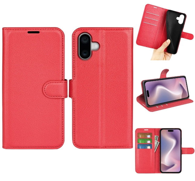 Læder Wallet Cover til iPhone 16 i rød farve forside