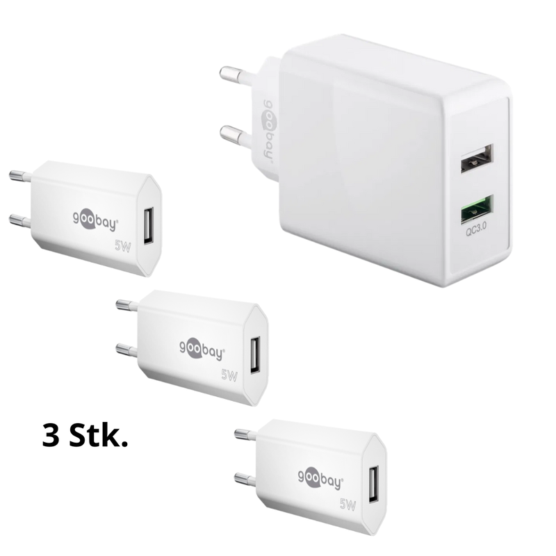 Pakke m. 3 Stk. USB Opladere til Stikkontakt & Dobbelt USB Hurtig Oplader til Stikkontakt