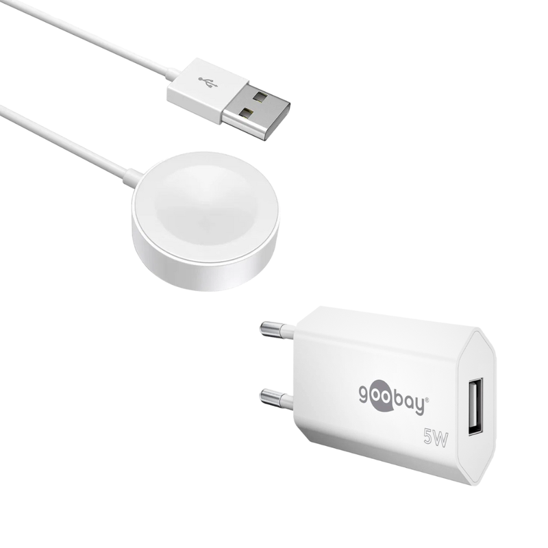 Pakke m. USB Oplader til Stikkontakt til fx. iPhone, Samsung & iPad & Magnetisk Oplader til Apple Watch, 1 Meter, USB