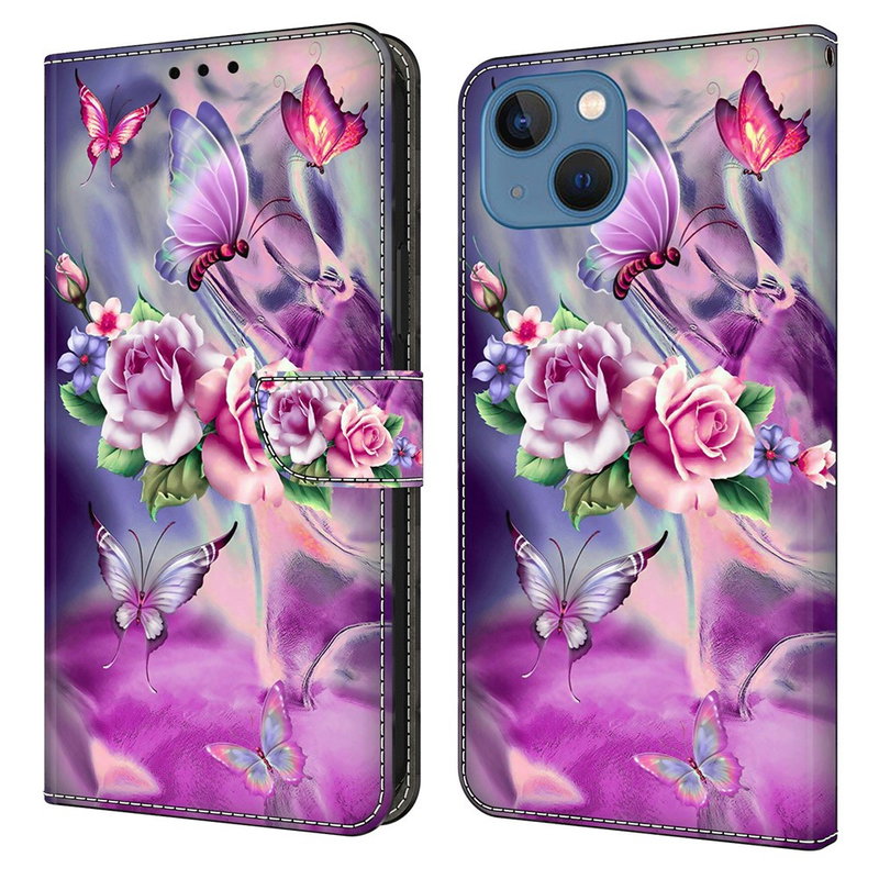 iPhone 13 Flip Cover med Kortholder - Sommerfugle & Blomster