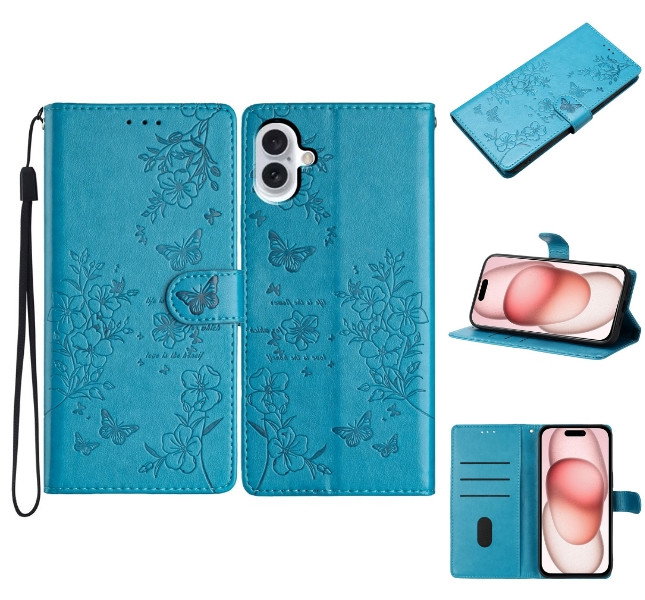 iPhone 16 læderetui front med sommerfugl og blomster