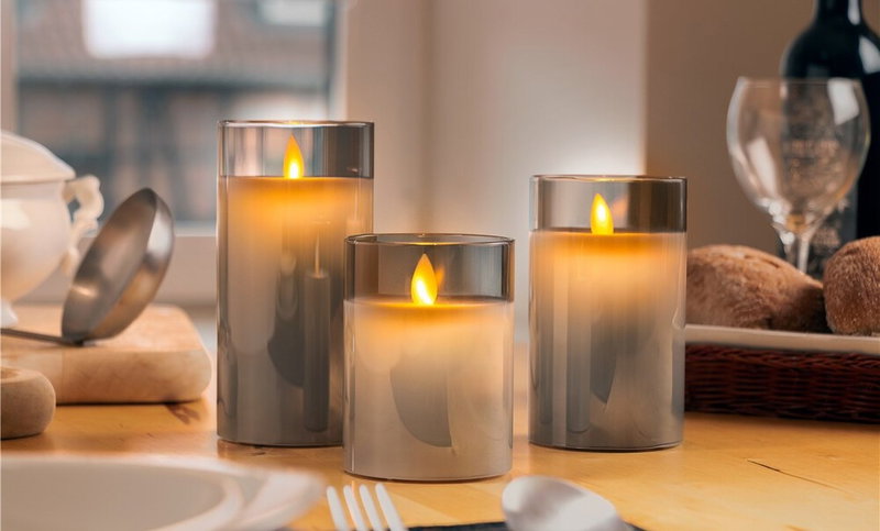 3 stk. Hvide LED Bloklys i Grå Glasstager med Timer