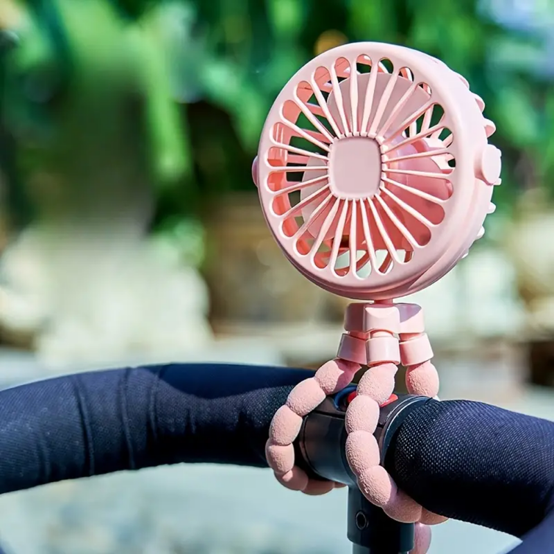 Transportabel Blæser til Barnevogn / Ventilator med 3 Styrker, Lys & Blækspruttedesign - Lyserød