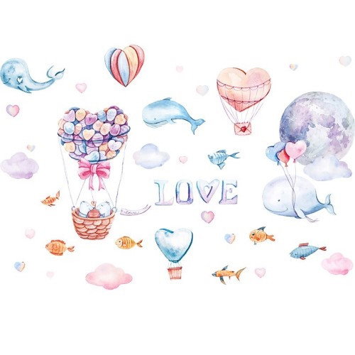 Wallsticker / Vægklistermærke med Hvaler & Luftballoner