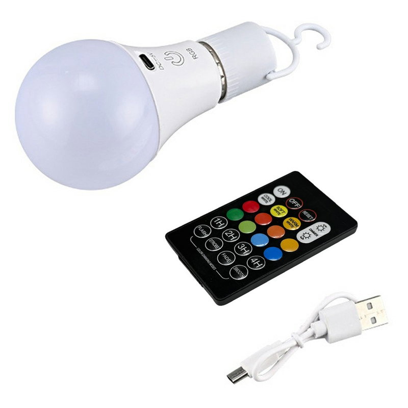 Genopladelig LED-pære med fjernbetjening & timer – E27 fatning, RGB & USB-C opladning