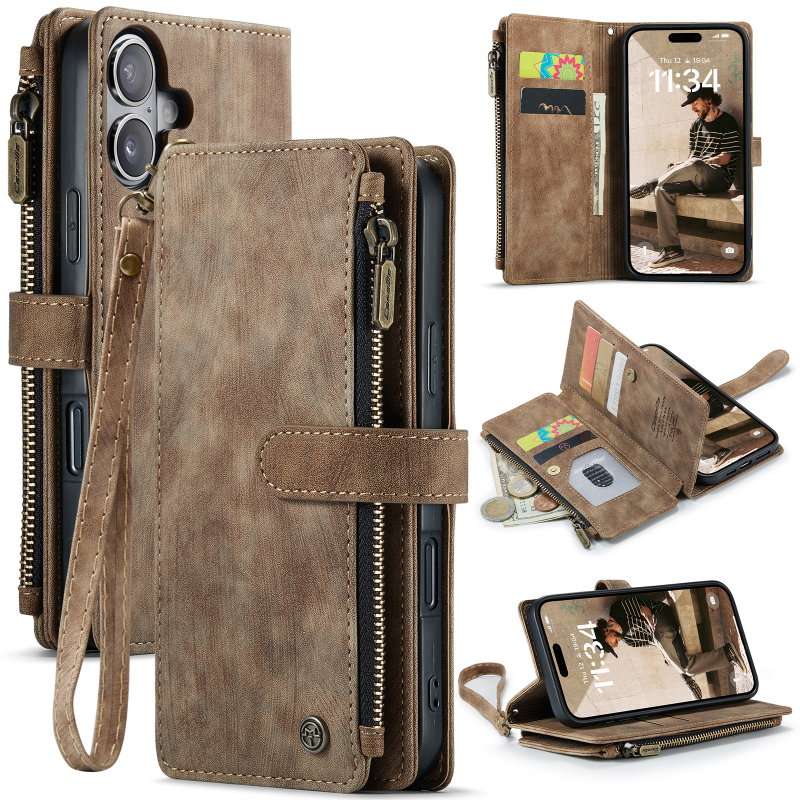 iPhone 17 Flip Cover i Læder med Kortholder og Lynlåns Lomme - Brun