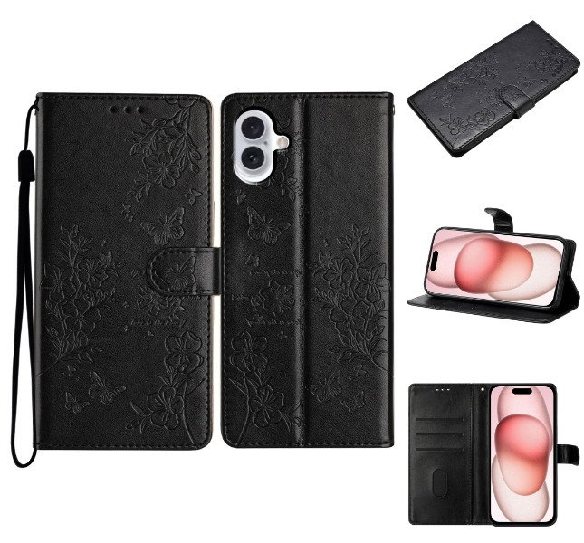 iPhone 16 Pung Etui forside med sommerfugle og blomster