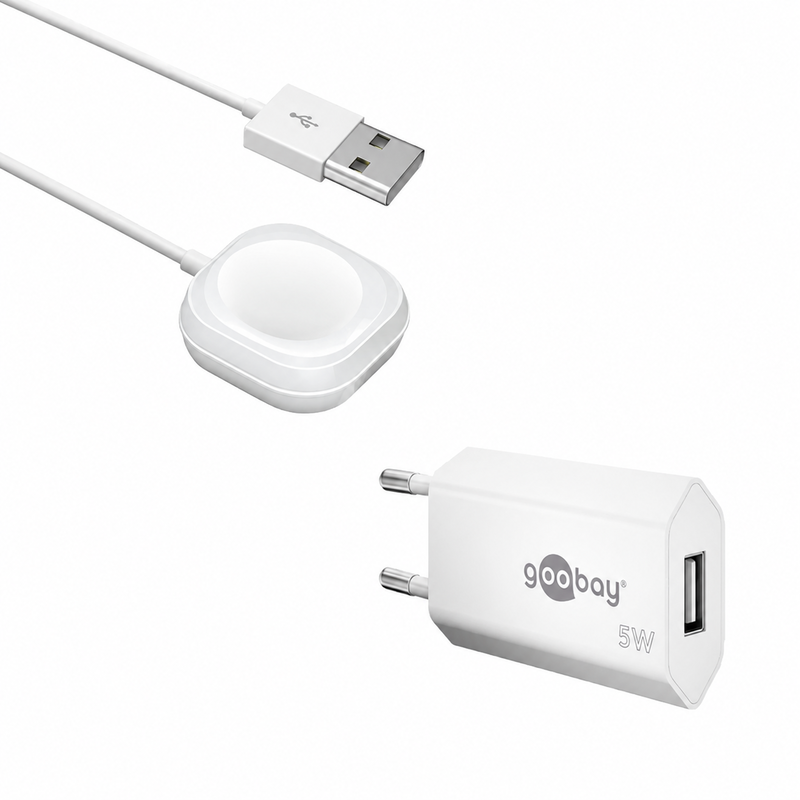 Pakke m. USB Oplader til Stikkontakt til fx. iPhone, Samsung & iPad & Magnetisk Oplader til Apple Watch, 1 Meter, USB