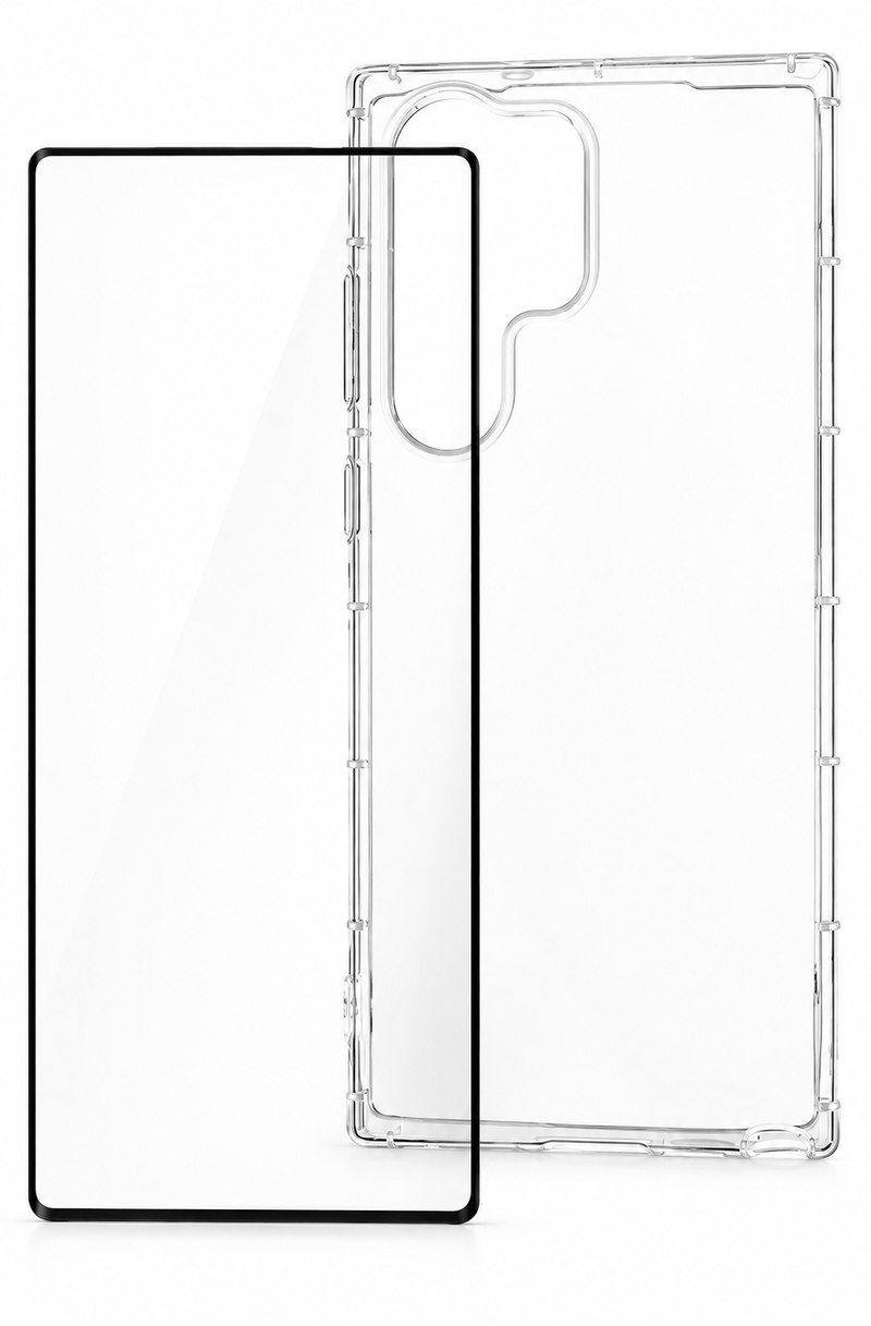 Pakke m. Beskyttelsesglas / Skærmbeskyttelse / 3D Glas til Samsung Galaxy S23 Ultra & Crystal Bumper Silikone Cover til Samsung Galaxy S23 Ultra