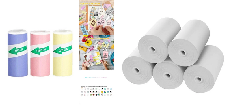 Pakke m. 1stk Farvede Selvklæbende Termiske Etiketter 57x25mm - 3 Ruller & 1stk 57 x 25 mm Printerpapir til Miniprinter – 5 ruller