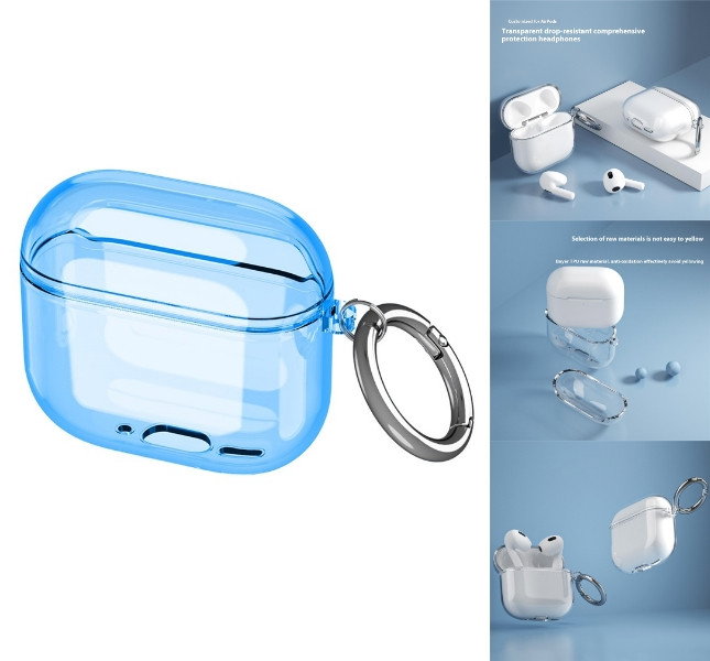 AirPods 4 med transparent blå beskyttelsescover